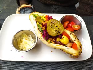 Vegan hotdog at Veggie Vibe Cafe in Blackrock