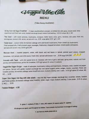 Updated menu August 2023 at Veggie Vibe Cafe in Blackrock