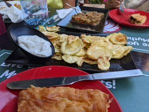Fried Zucchini (unsure if sauce is vegan--didn't eat it) and the Eggplant Salad in the background. at All That Jatz in Athens