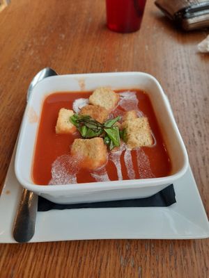 Tomato basil soup at DTW - Mezza in Romulus