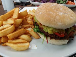 Homemade burger with guacamole, salsa, salad and chips at St John's Garden Centre in Barnstaple