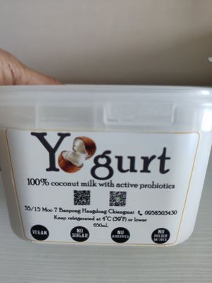 Coconut yogurt 650 mL for 150 bhat at Aggie Hut in Chiang Mai