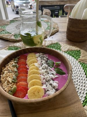 Pink pitaya smoothie bowl   at Pumpkin and Beetroot in Ubud