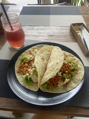 Watermelon juice and tacos with lentils  at Pumpkin and Beetroot in Ubud