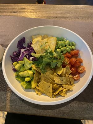 Poke bowl - Super delicious lentil curry as a base  at Pumpkin and Beetroot in Ubud