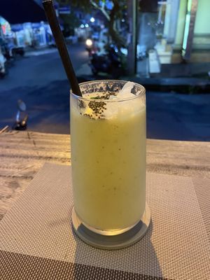 Vegan mango smoothie with coconut instead of yoghurt (make sure to ask)   at Pumpkin and Beetroot in Ubud