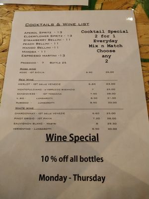 Drinks menu at V Temple Bar in Dublin