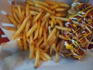 Vegan hot dog with fries at V Temple Bar in Dublin