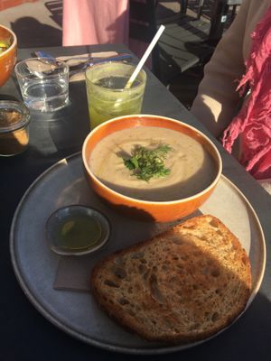 Soup and green juice at Paperboy Coffee Bar in Hampton
