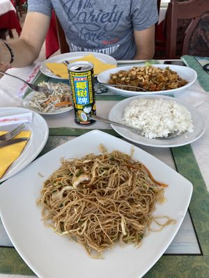 Chinese noodles with veggies (you have to say no egg) & fried tofu dish with rice & coconut milk drink at Kitajski Dvor in Celje