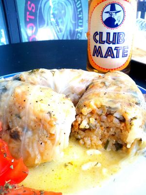 Greek Stuffed Cabbage Rolls with Rice and Minced Soy fresh Herbs and spices in Lemonsauce at Roots Foods and Culture in Athens