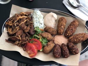 Vegan gyro w croquettes: chickpea, tofu dill and spicy Jamaican! 😀 at Roots Foods and Culture in Athens