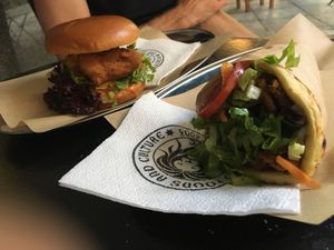 Soy burger and gyros at Roots Foods and Culture in Athens