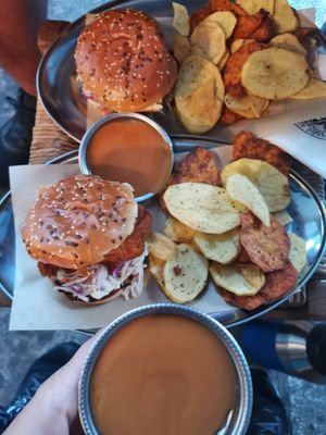 Snitzel and tofu, with a side of fries at Roots Foods and Culture in Athens