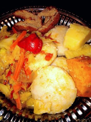 One of our #JamaicanDailySpecials
Boiled Dumplings, SweetaPotatoe, Irish Potatoe, Fried chopped Soy with Yellow Curry Cabbage (Thyme, Carrot, green SweetPepper and Scotch Bonnet)  at Roots Foods and Culture in Athens
