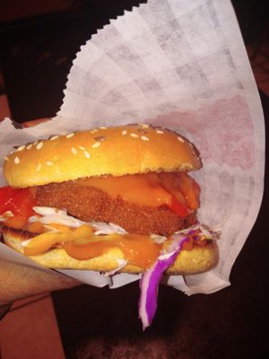 Original Fried "Chicken" just much better 💯❤️... Burger Patty out of Fried Oyster Mushroom covered by SampleSauce at Roots Foods and Culture in Athens