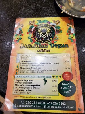 Menu at Roots Foods and Culture in Athens