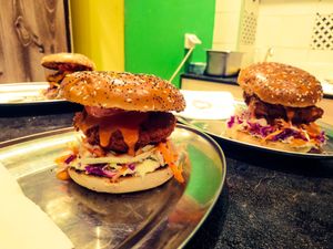 Awesome schnitzel burgers !! at Roots Foods and Culture in Athens