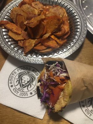 Mushroom gyros and potato fries at Roots Foods and Culture in Athens