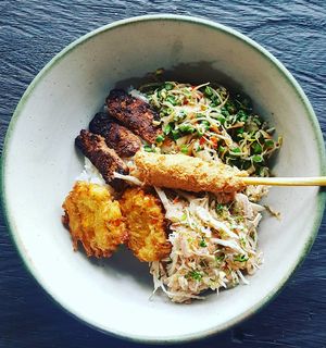 Day Menu: The Bali Bowl
Organic Rice, Taro and corn perkedel, Marinated Tempe, Tofu Satay, Sambal Matah
100% Plant based  at MOTHER in Ubud