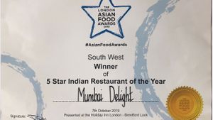 5 Star Indian Restaurant of the year 2019 London (SW) at Mumbai Delight in South East London