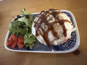 Vegan potato salad appetizer with some red peppers and lettuce   at Ramen Ishida in New York City
