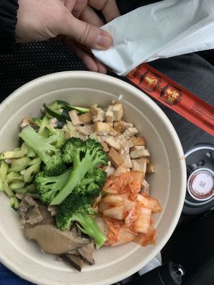 Bibimbap bowl with broccoli, zucchini, tofu, kimchi, vegan chicken and shiitake mushrooms!  at K Fresh in Everett