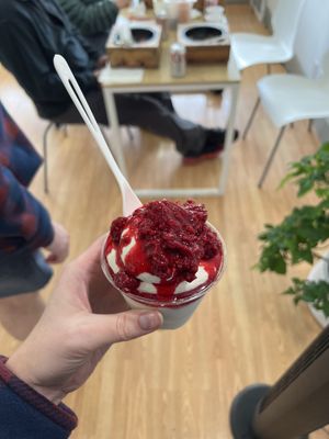 Vegan soft serve with raspberries   at K Fresh in Everett