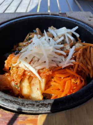 Hot stone rice bowl with vegan coconut chili chikn    at K Fresh in Everett