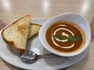 Grilled cheese pesto sandwich and tomato bisqu  at Native Foods in Palm Springs