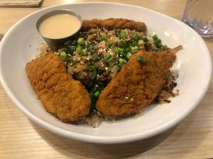 SESAME KALE MACRO BOWL w/crispy chicken because they ran out of tempeh at Native Foods in Palm Springs