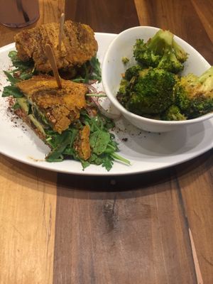 Portobello Jibarito and side of Lemongrass Broccoli  at Native Foods in Palm Springs