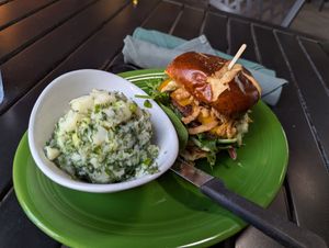 Poppin jalapeno burger w dill potato salad at Native Foods in Palm Springs
