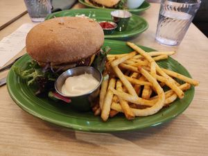 Double cheeseburger with seasoned fries at Native Foods in Palm Springs