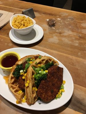 Chicken and Waffles, Mac and cheese, small bite of s’mores cookie left   at Native Foods in Palm Springs