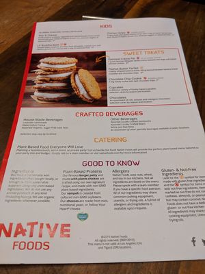 Menu at Native Foods in Palm Springs