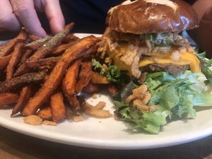 Jalapeño pippin burger with sweet pops fries at Native Foods in Palm Springs