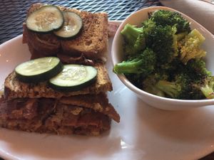 Rueben with steamed lemongrass broccoli side  at Native Foods in Palm Springs