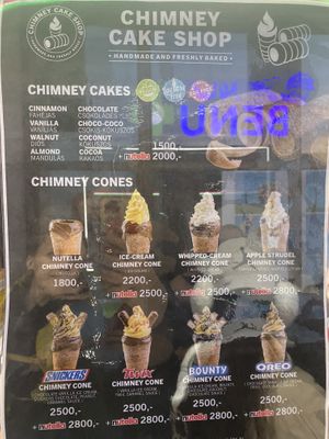 vegan options not veeery clearly labelled (top left, but nutella etc obv. not vegan)  at Kurtoskalacs The Chimney Cake Shop in Budapest