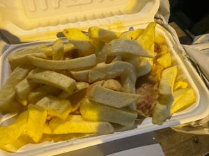 Vegan sausages and chips   at The Kent Fish & Chip Shop in Glasgow