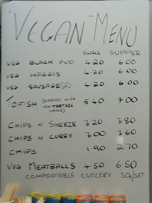 Vegan menu at the Kent at The Kent Fish & Chip Shop in Glasgow