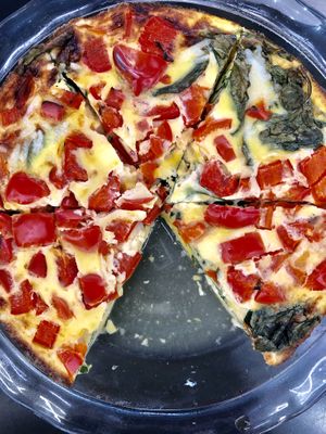 Gluten free frittata. Made with cage free organic eggs, spinach, red peppers and vegan mozzarella  at MIGHTY LOVE FOOD in Boston