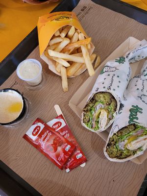 falafel Shawarma with fries and hummus at Hasbi in San Andres