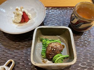 Strawberries in pine nut compote, rape blossoms and mushroom in sesame drizzle, and hot green tea. at Zicon in Hiroshima