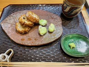 Raw fu and broad bean tempura. at Zicon in Hiroshima