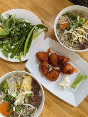 Pho, BBQ cauliflower tempura   at Loving Vegan in Da Nang