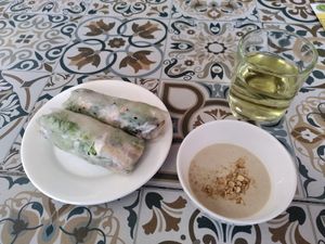 Rice paper rolls come with a tasty peanuts' sauce at Loving Vegan in Da Nang