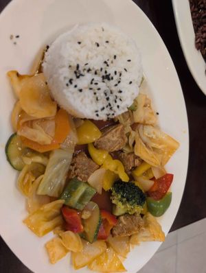 BBQ nuggets with rice. Only four nuggets (not a mistake, I asked). I like loving Vegan but four small nuggets is very little nuggets :) at Loving Vegan in Da Nang