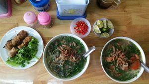Pho and spring rolls at Pho Chay in Hanoi