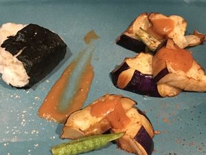 Roasted eggplant and whole rice onigiri  at Miyabi in Turin